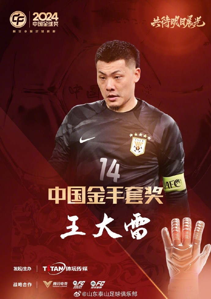  王大雷榮獲中國金手套獎，謝文能入選中國金球獎候選人前三名