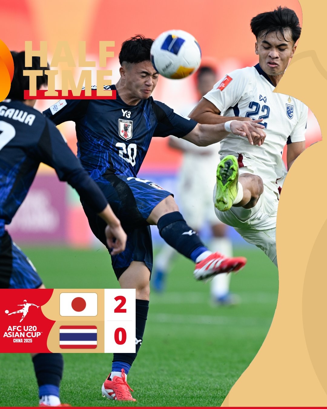  半場(chǎng)-日本U20 2-0領(lǐng)先泰國U20，石井久繼破門(mén)+中柱 泰國0射正