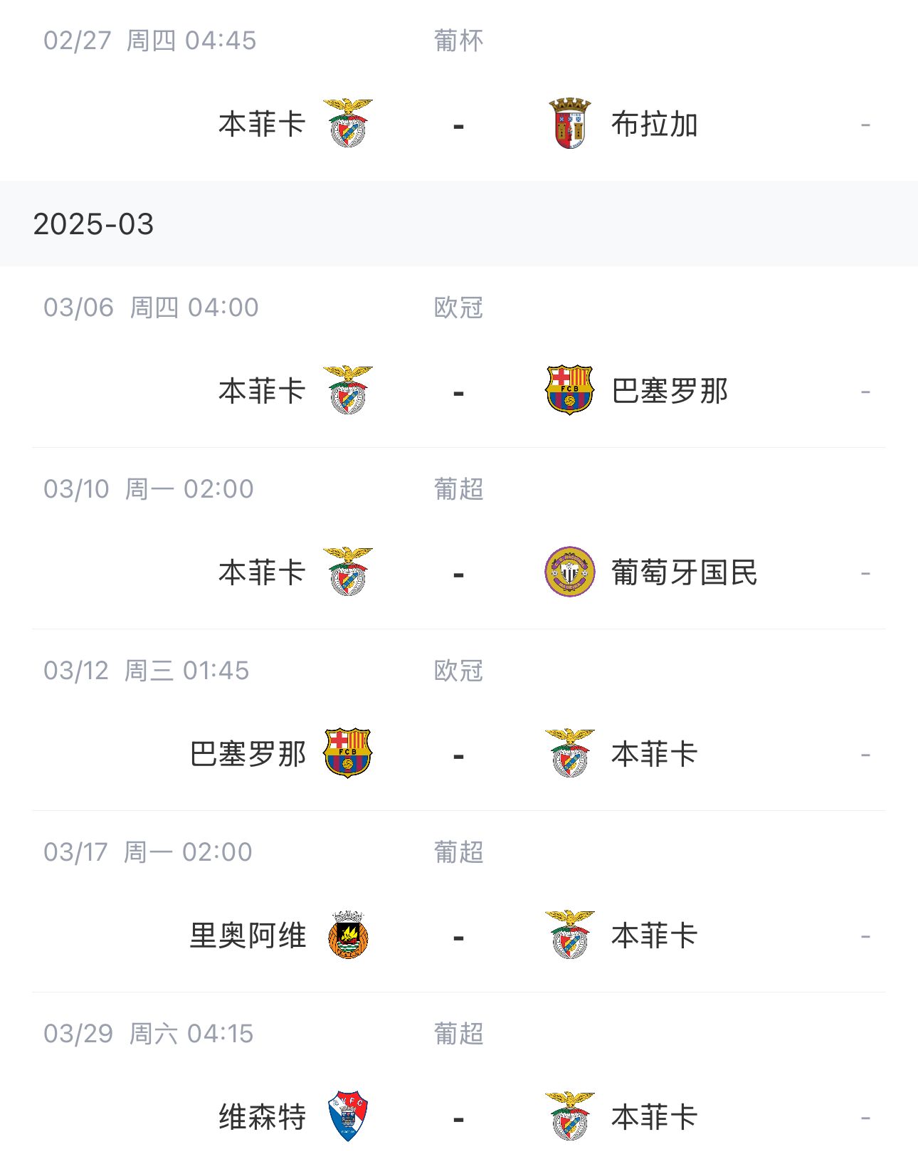  讓路歐冠！本菲卡戰巴薩首回合比賽前的葡超比賽推遲進(jìn)行