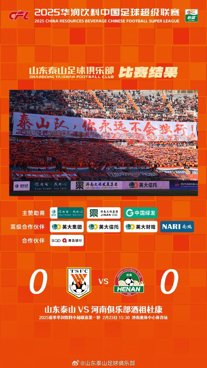  中超首戰，泰山隊雖未取勝，但全隊展現出了頑強的拼搏精神