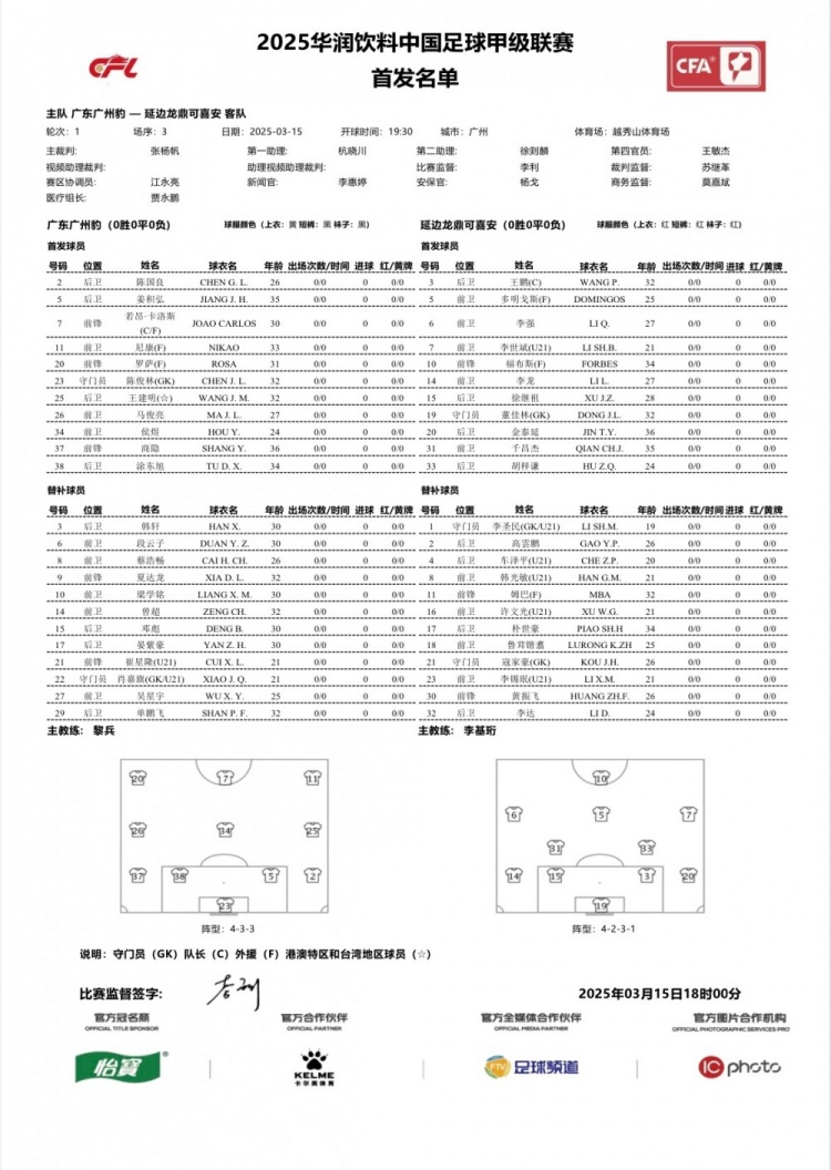  廣州豹vs延邊龍鼎首發(fā)：卡洛斯、羅薩、尼康三外援領(lǐng)銜廣州豹