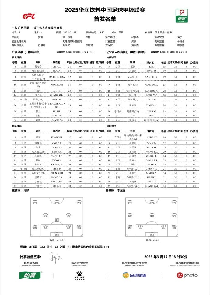  中甲-廣西平果vs遼寧鐵人首發(fā)：三外援對決三外援，安以恩出戰