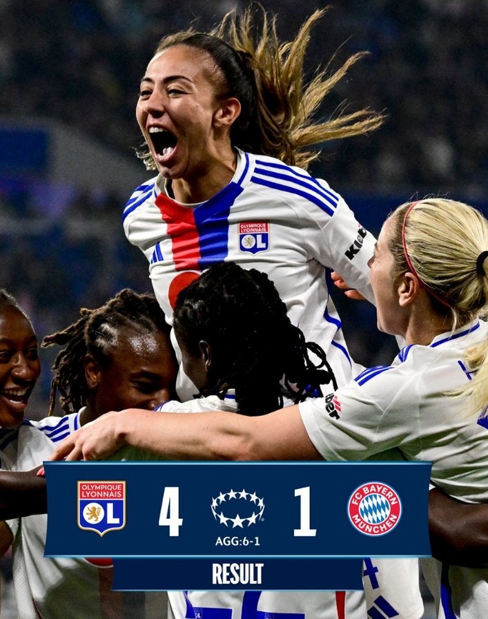  里昂女足4-1大勝拜仁女足，總比分6-1晉級女足歐冠半決賽