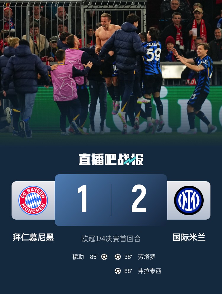  2-1占得先機！國米送給拜仁4年來(lái)歐冠主場(chǎng)首敗